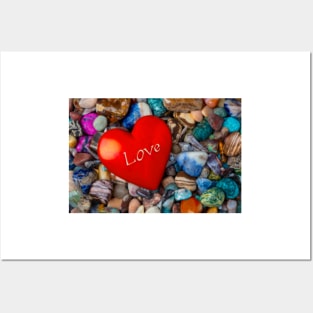 Red Heart Stone Love On Polished Rocks Posters and Art